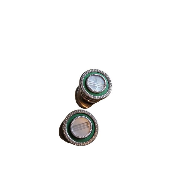 Vintage Silvertone Cufflinks With Green Enamel & Mother Of Pearl Accent - Picture 1 of 3
